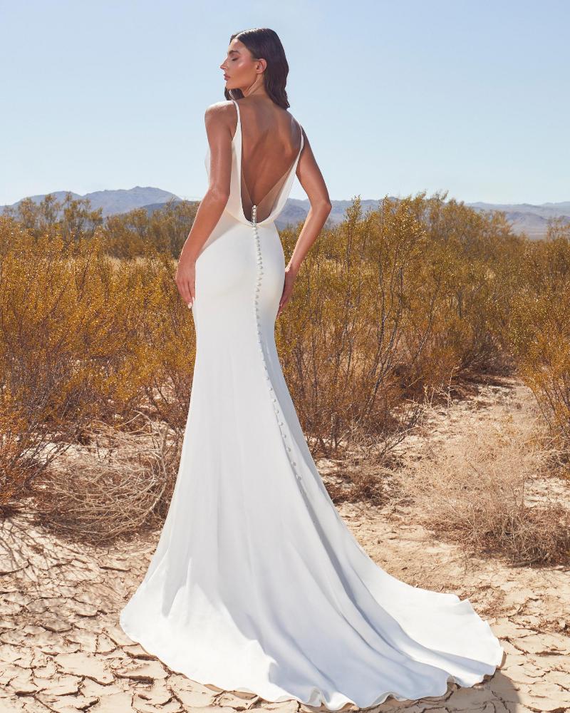 Lp2410 satin v neck wedding dress with open back and tank straps2